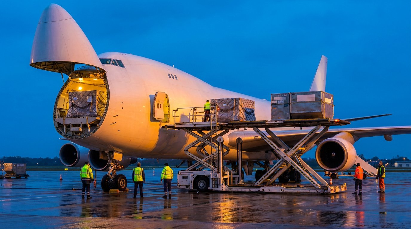 Cargo freighter aircraft being loaded with freight pallets at blue hour