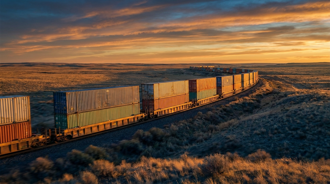 Intermodal container freight train crossing open landscape at dusk