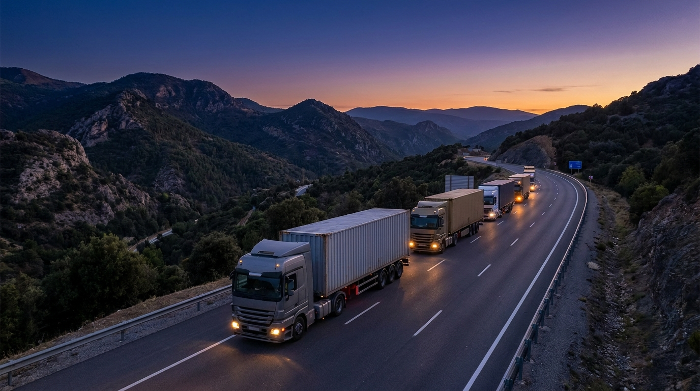 Container trucks driving a long-distance highway corridor at dusk