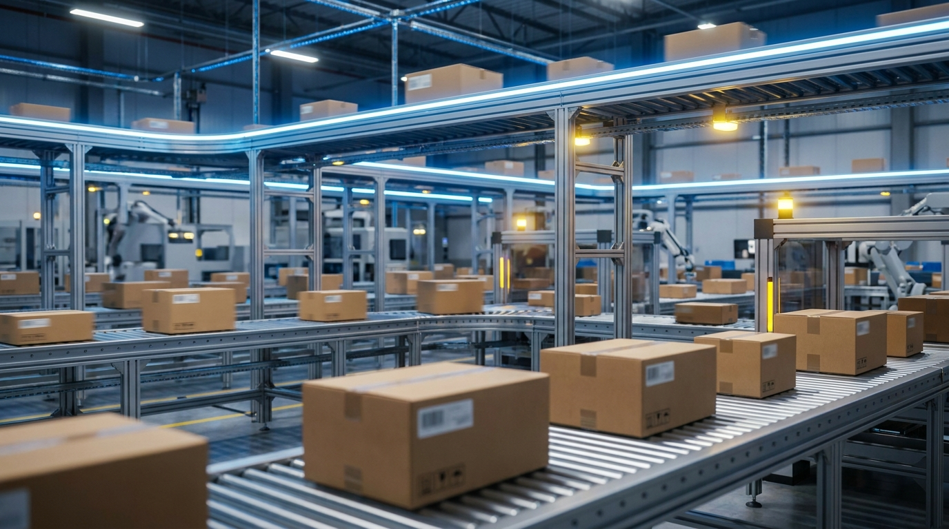 Parcels moving along conveyor belts in an automated express sorting facility