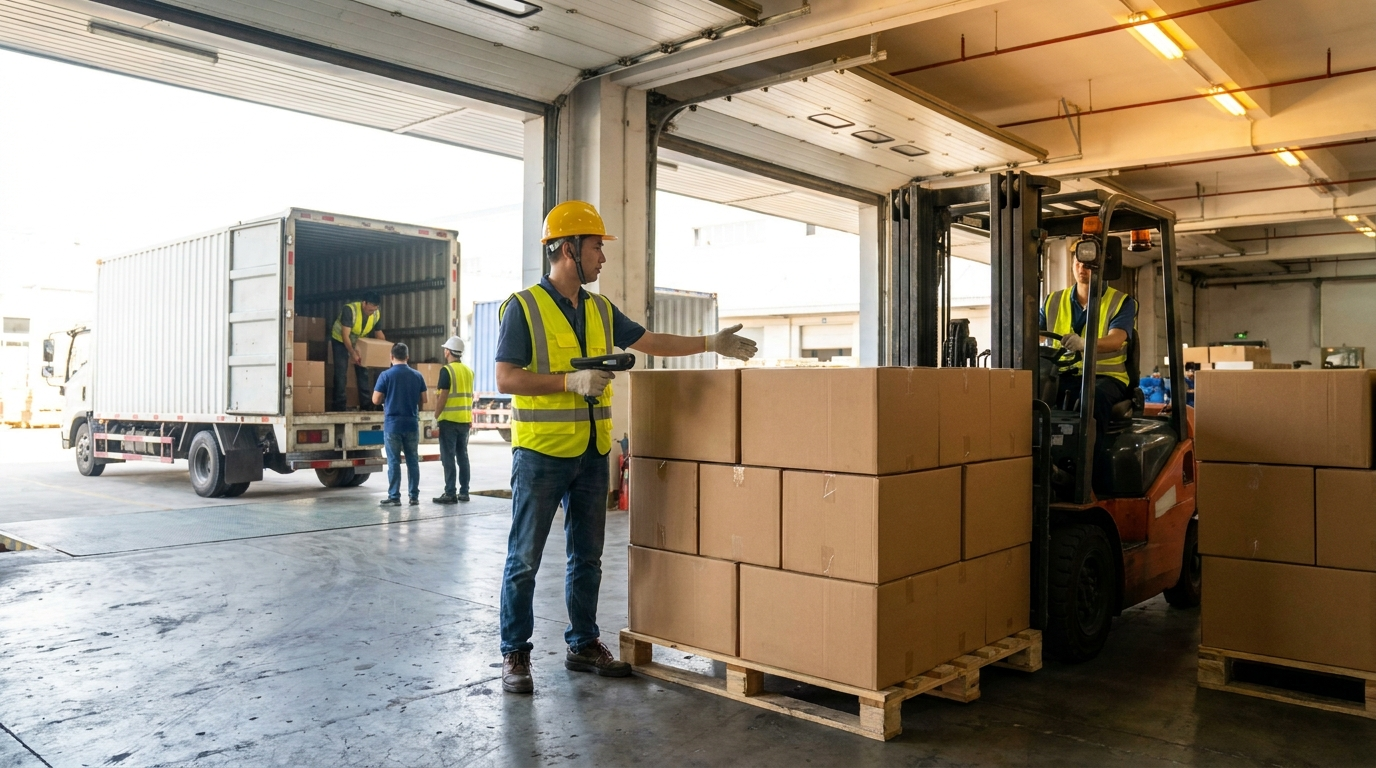 Warehouse worker counting and scanning cartons at a supplier loading dock