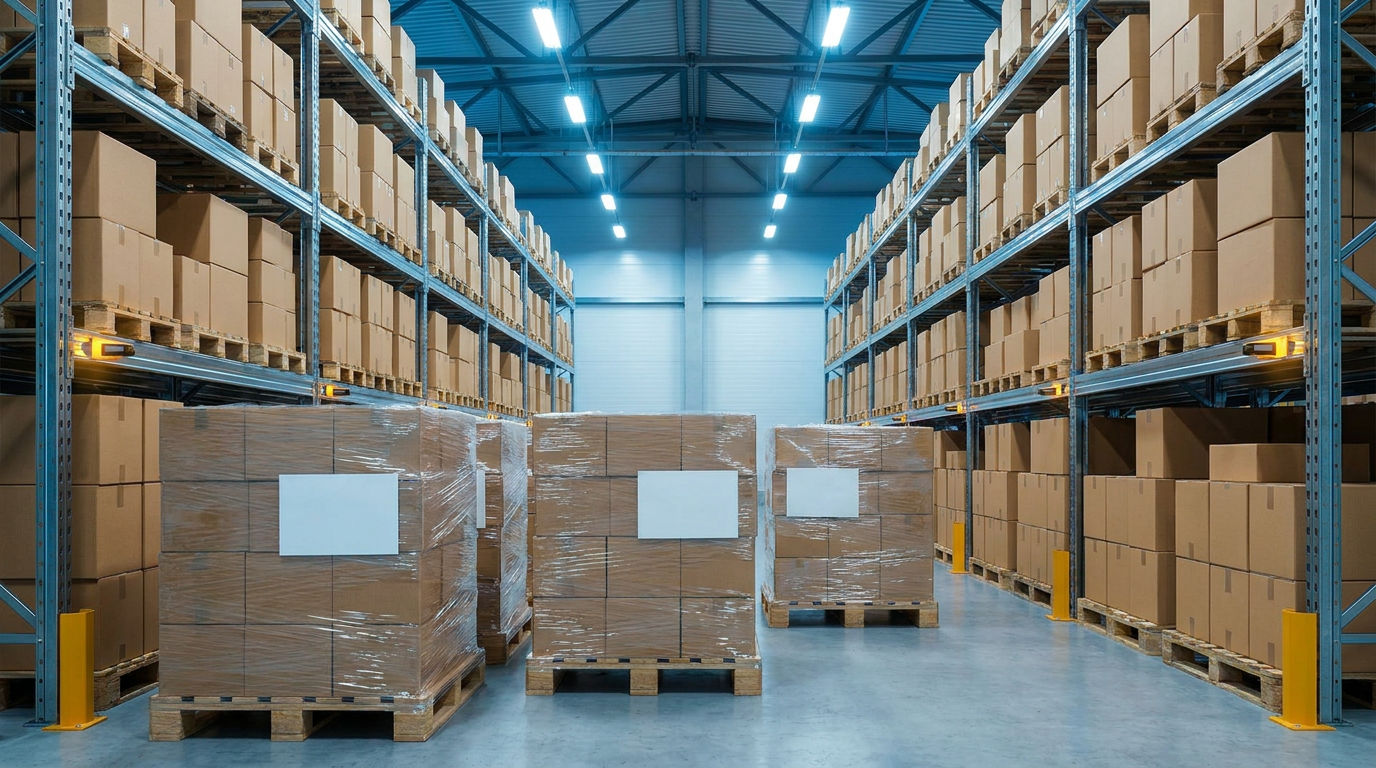 E-commerce fulfillment warehouse with racked cartons and shrink-wrapped pallets ready for dispatch