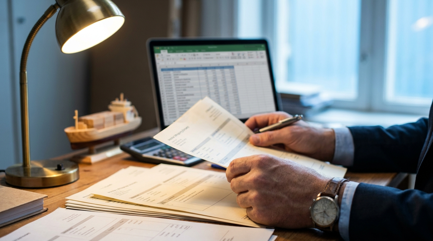 Reviewing shipping documents and packing lists at a logistics office desk
