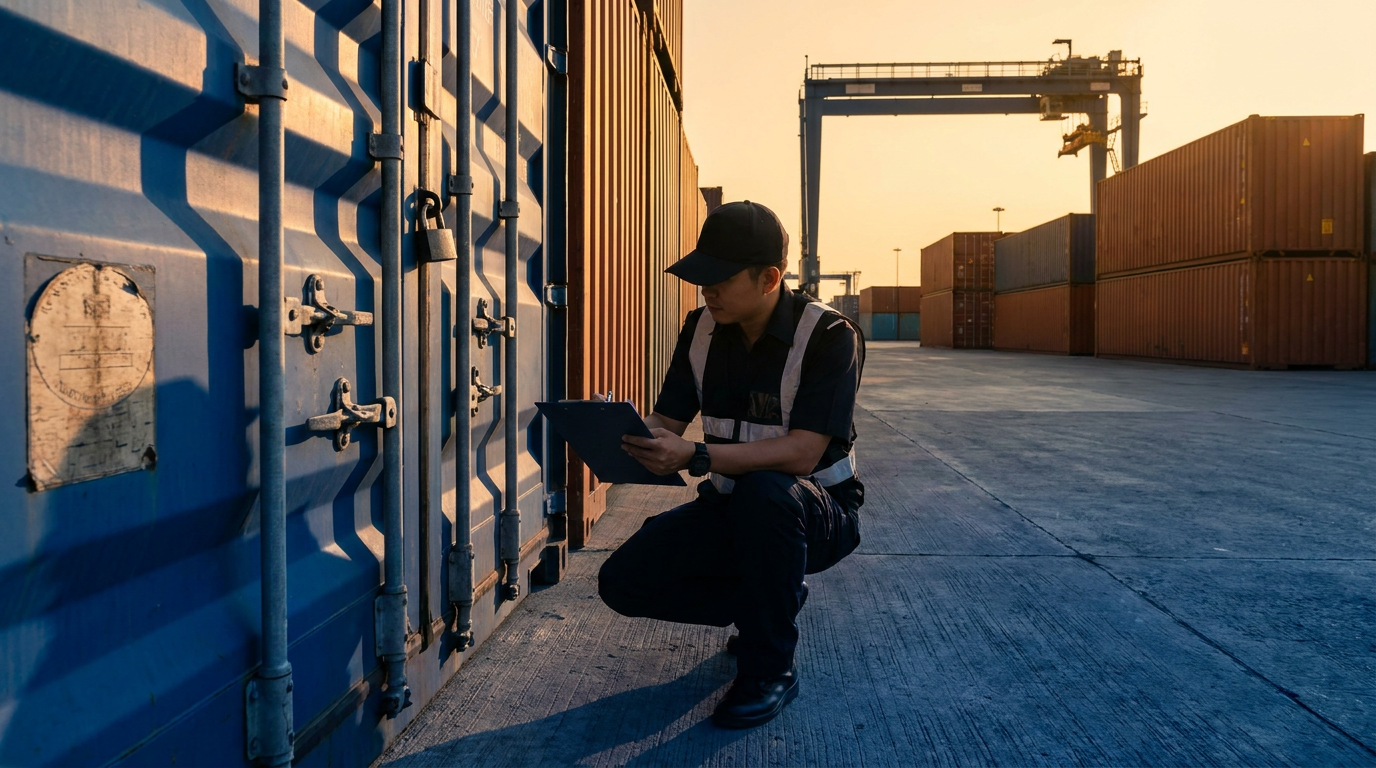 Customs officer checking a sealed shipping container at a terminal