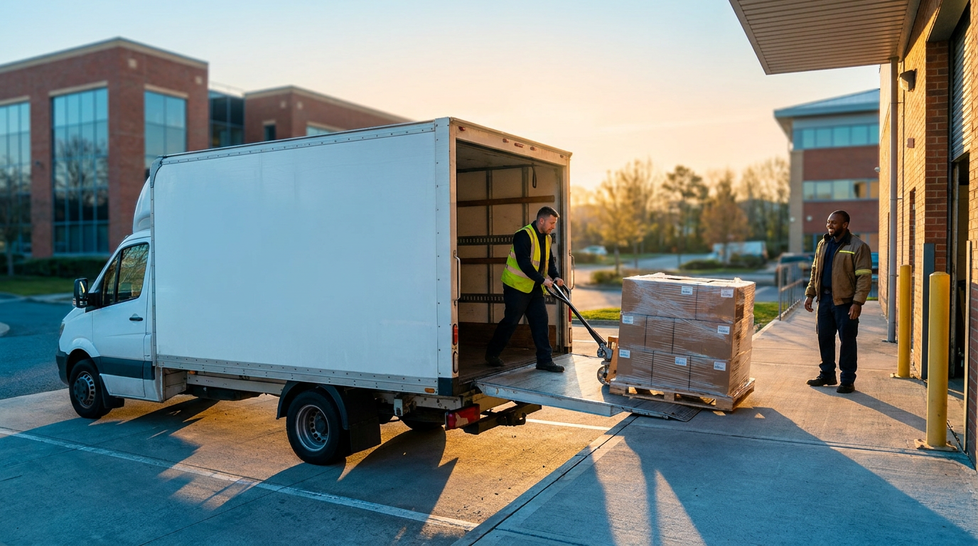 Delivery truck unloading a pallet of cartons at a business loading dock