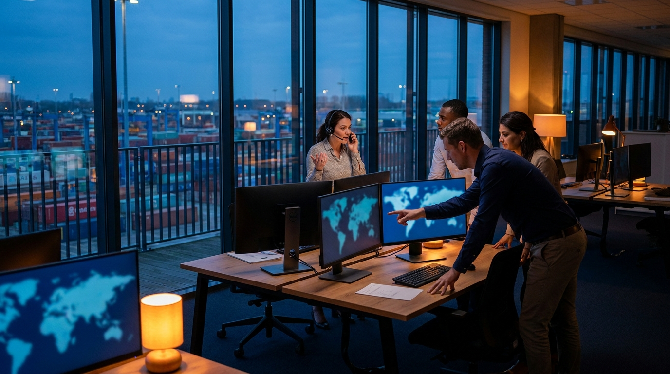Logistics operations team coordinating shipments in an office overlooking a container yard