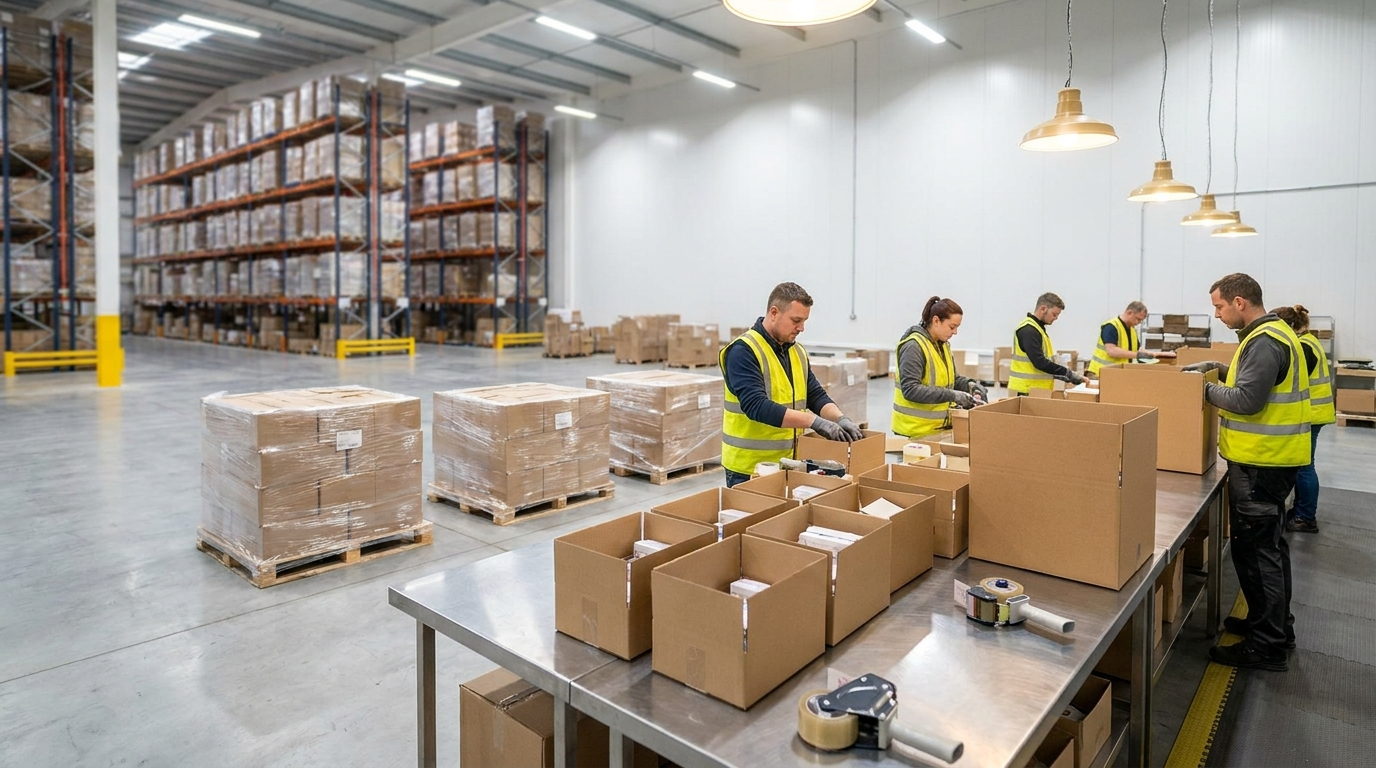 Workers repacking goods from multiple suppliers into uniform export cartons at a consolidation warehouse