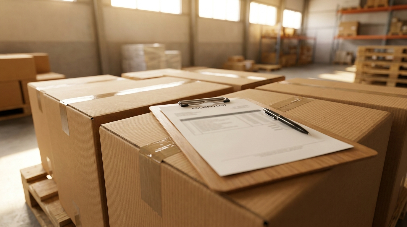 Clipboard with a packing list resting on sealed export cartons