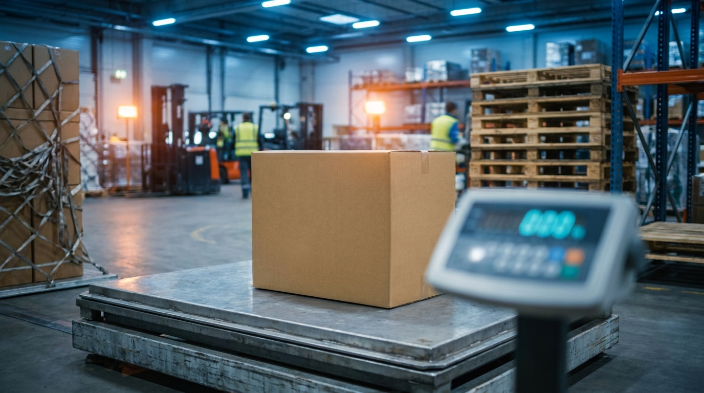 Carton being weighed on a platform scale in an air cargo warehouse