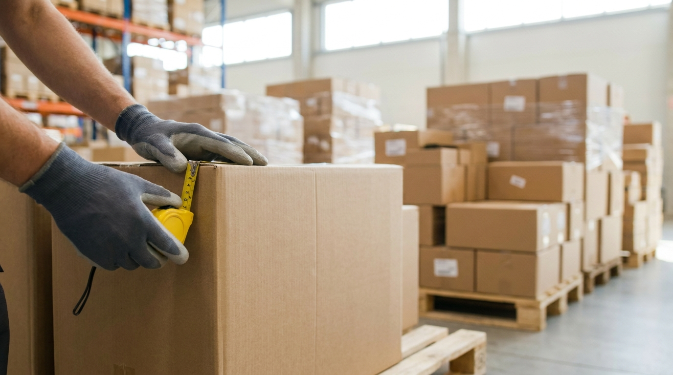 Measuring a cardboard carton with a tape measure in a warehouse