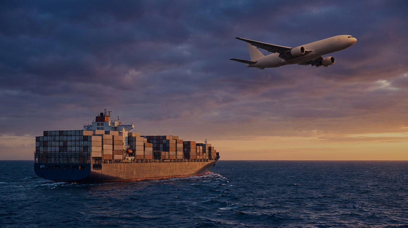 Container ship at sea with a cargo aircraft flying overhead at dusk