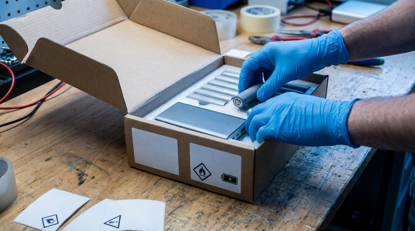 Lithium batteries being prepared with protective packaging on a workbench