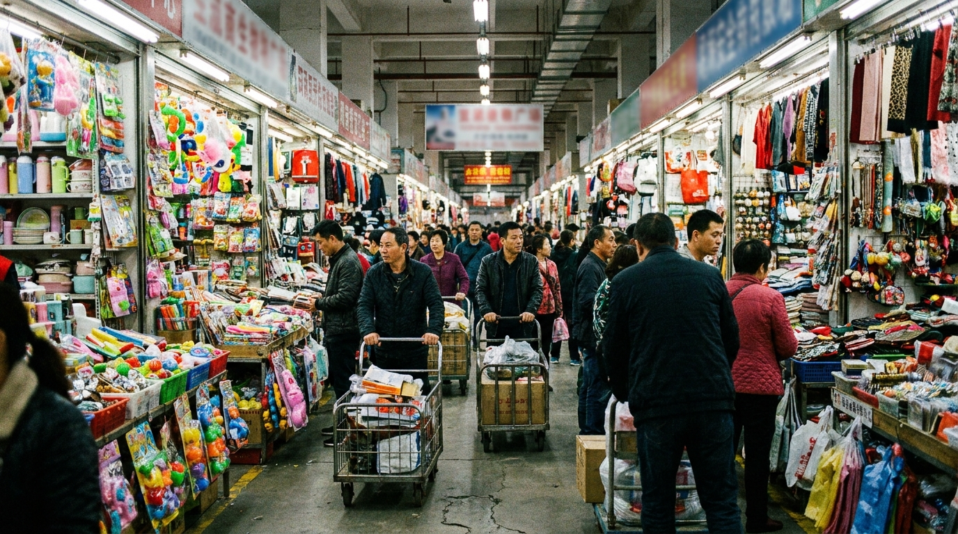 Busy aisle of a Chinese wholesale market packed with small commodities