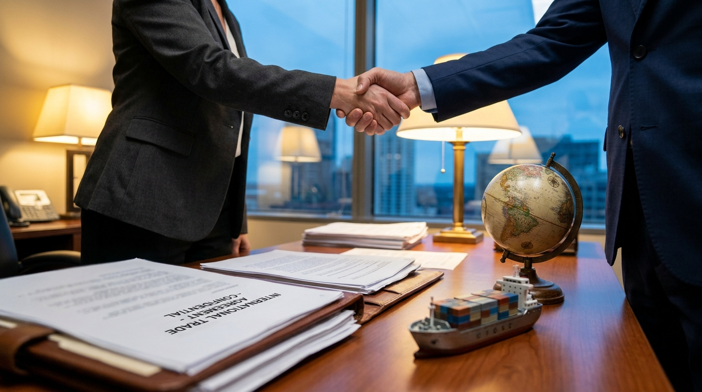 Handshake over shipping contract papers with a globe on the desk