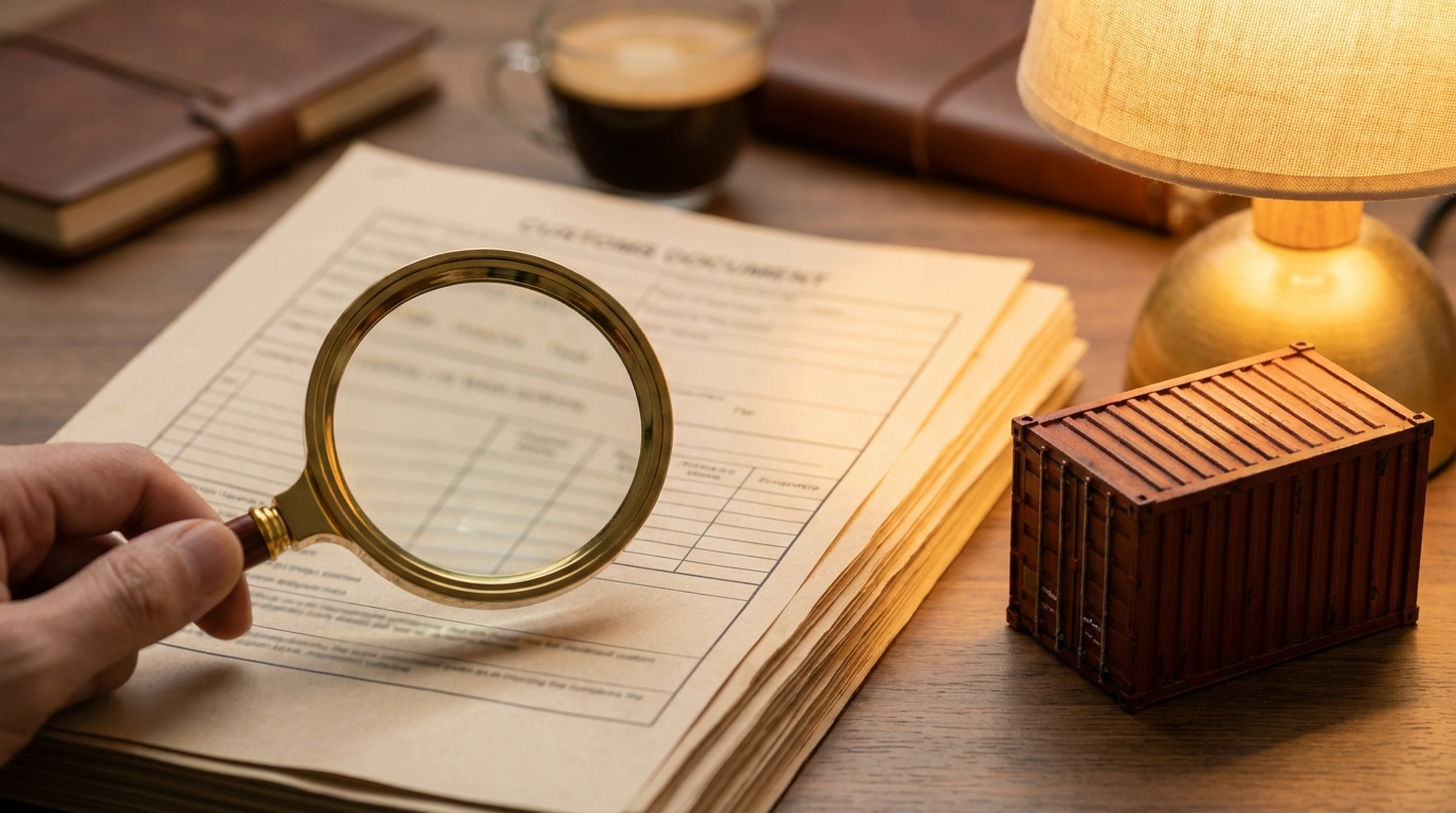 Magnifying glass over customs classification papers beside a container model