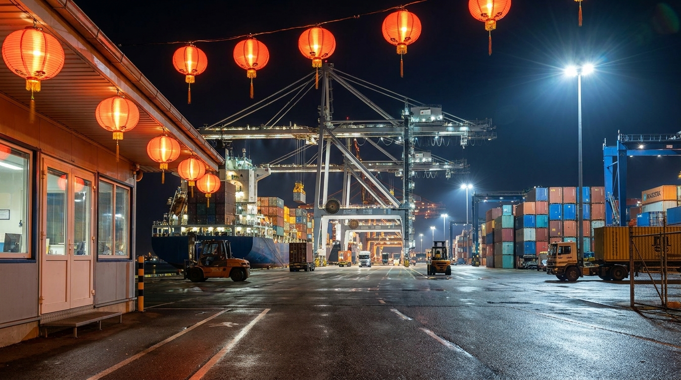 Container port working at night with red lanterns before the holiday rush