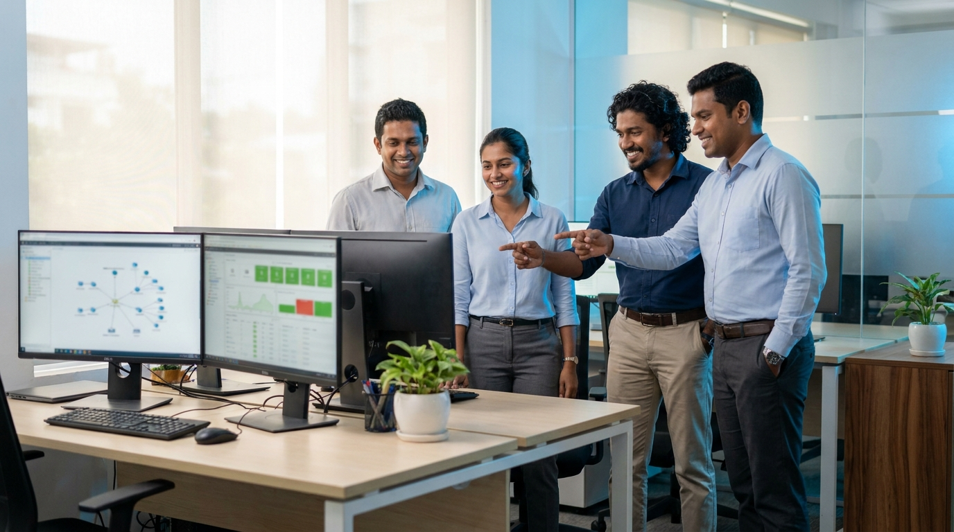 Rapid Solutions engineers collaborating at their workstations