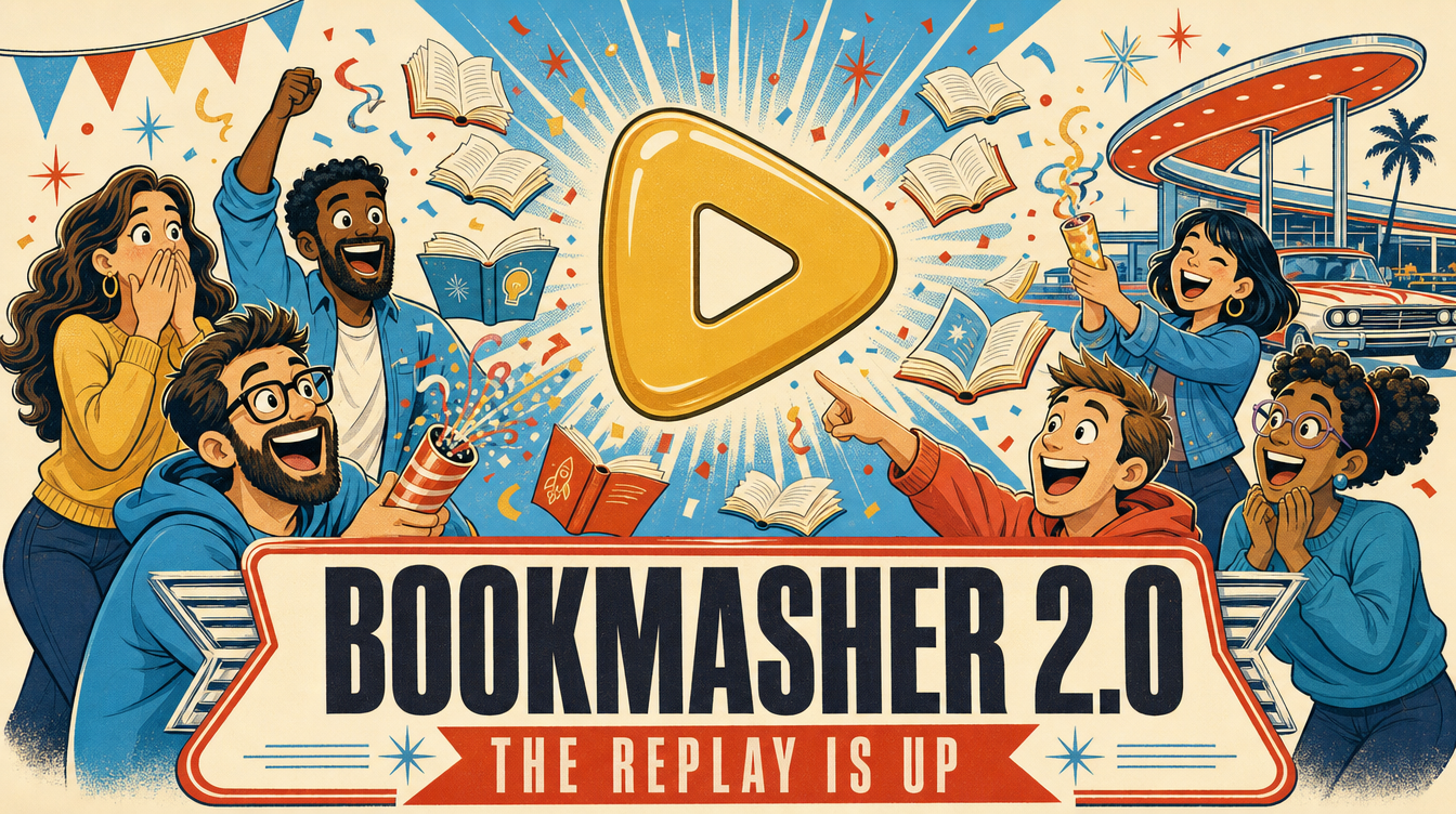 Chrome and Sunshine style illustration of the BookMasher 2.0 reveal party, with a banner reading The Replay Is Up