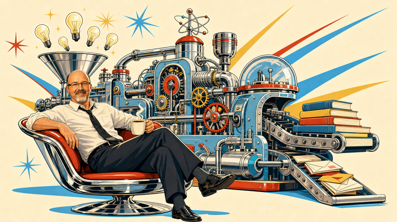 Chrome and Sunshine illustration of a relaxed operator having coffee while a large retro machine turns lightbulb ideas into finished books behind him