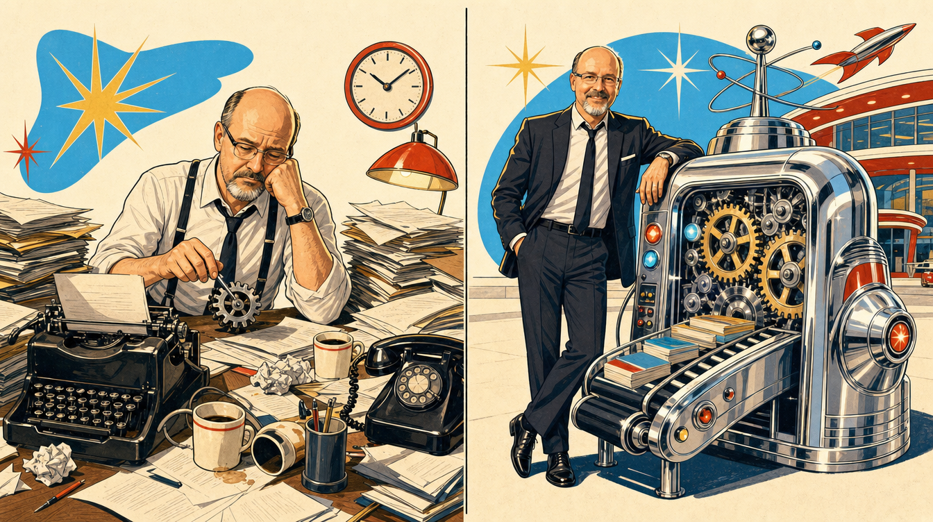 Split illustration: a weary man hand-cranking work at a cluttered desk on one side, and the same man relaxing beside a machine doing the work on the other