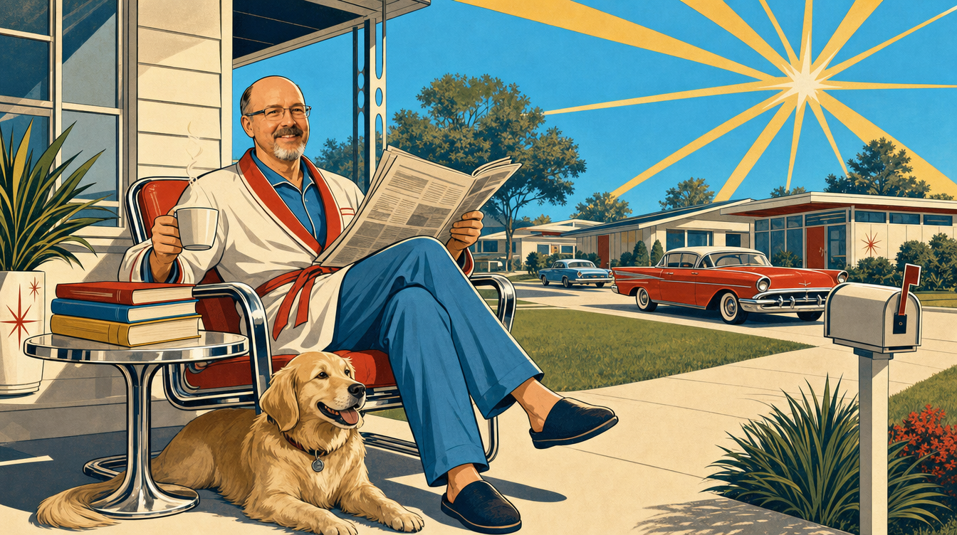 A quiet 1950s-style morning on a porch: a man with coffee and a newspaper, a dog at his feet, and a stack of freshly printed books on the side table