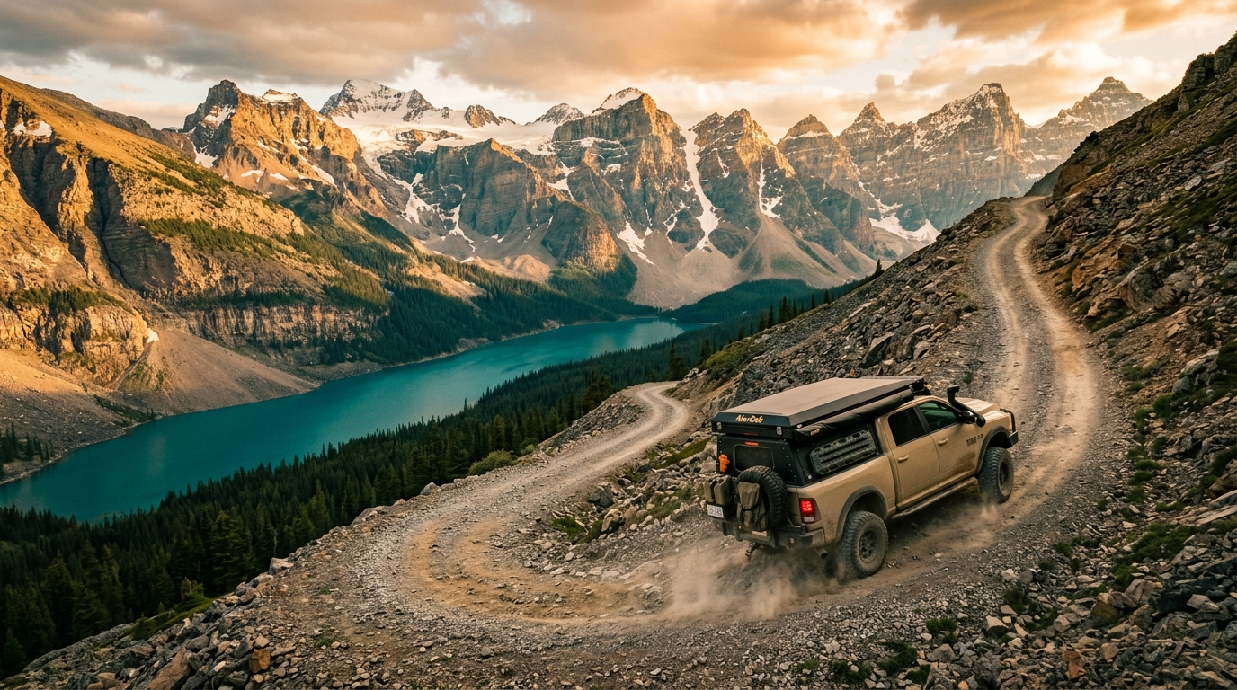 Overland truck with rooftop tent climbing an alpine switchback trail in the Canadian Rockies above a turquoise lake