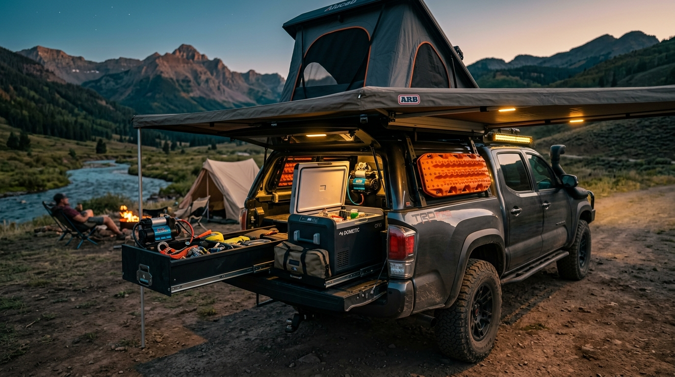 Overland pickup at basecamp with drawer system, rooftop tent, awning and recovery gear on display