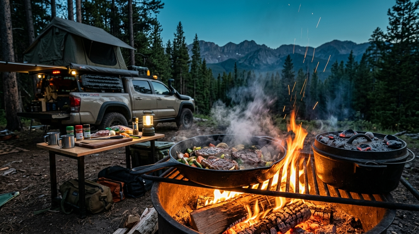 Cast iron skillet cooking over campfire coals beside an overland rig at dusk in the mountains