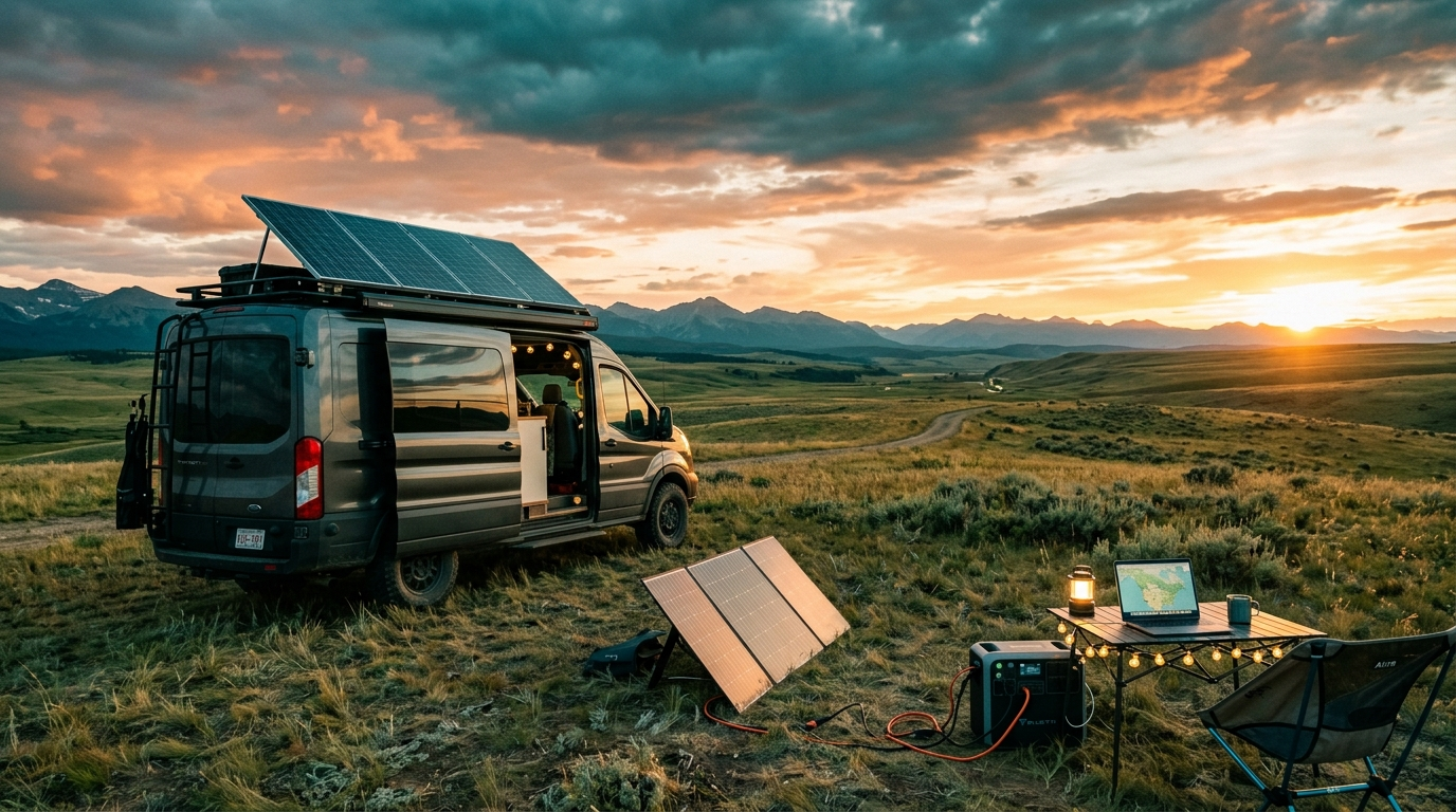 Overland camper van with roof solar panels and portable panel angled to the sun on the Alberta prairie
