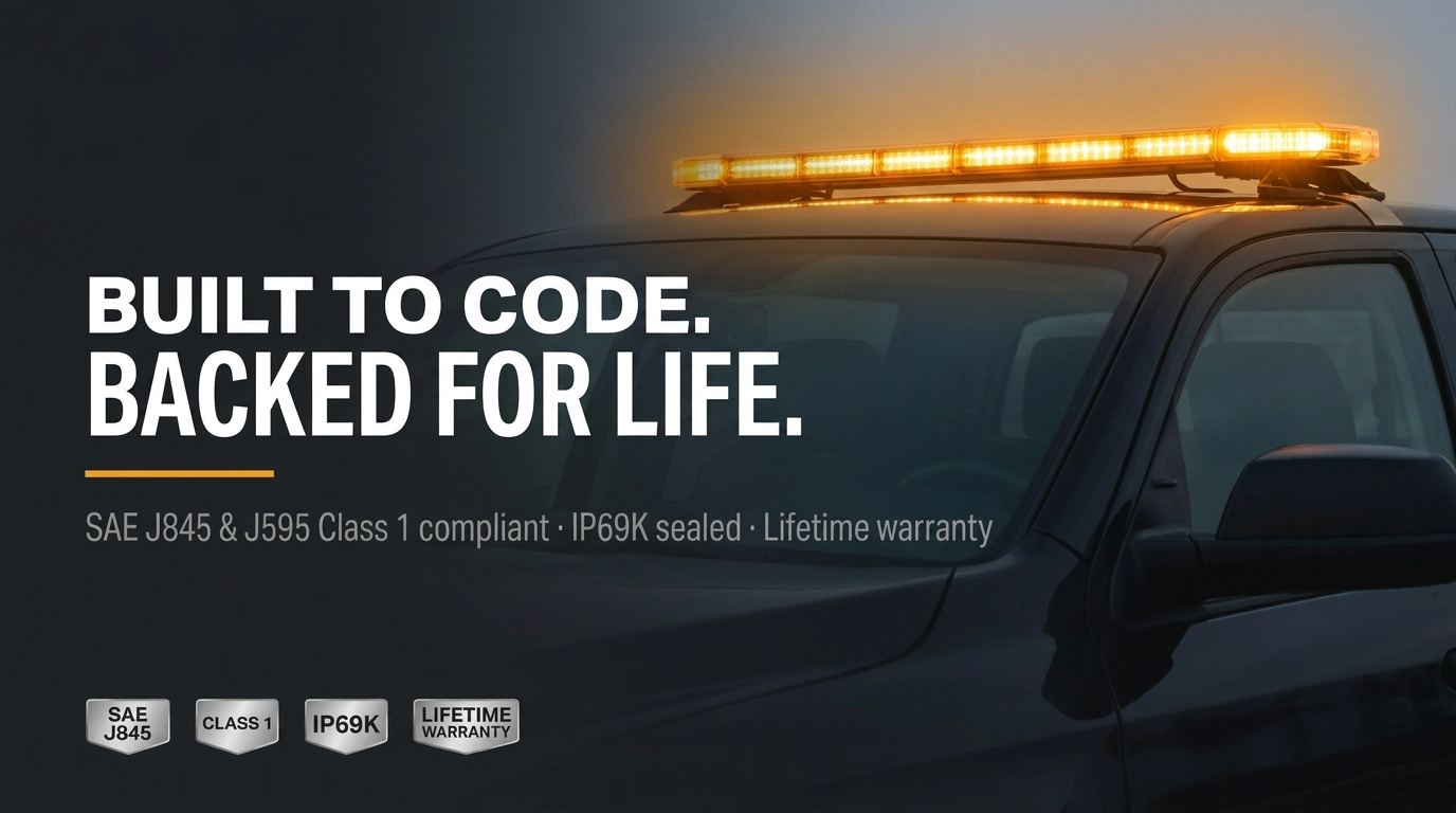 Built to Code. Backed for Life. SAE J845 and J595 Class 1 compliant, IP69K sealed, lifetime warranty