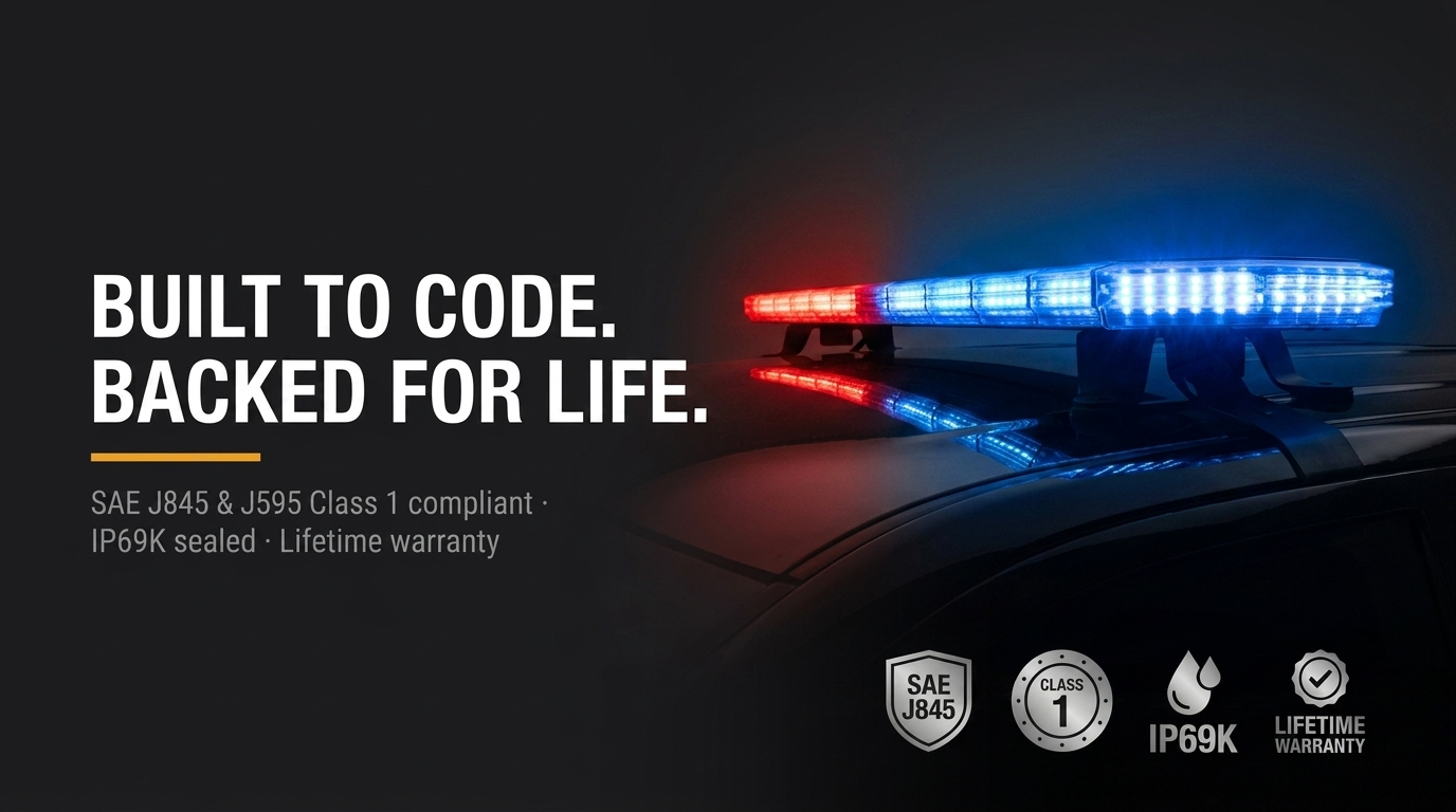 Built to Code. Backed for Life. Black Oak LED Low Pro Emergency Light Bar with red and blue warning lights on a fleet truck