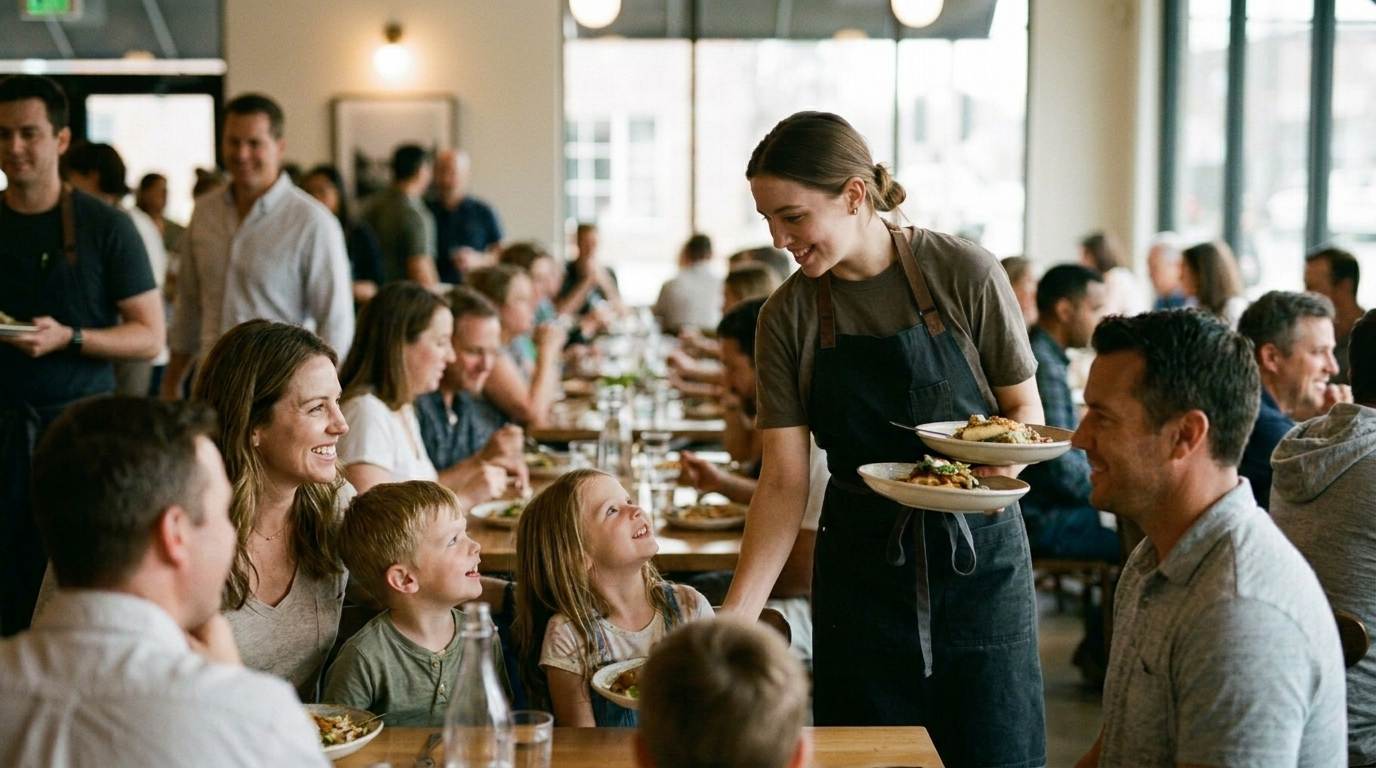 Une serveuse accueille chaleureusement une famille au restaurant