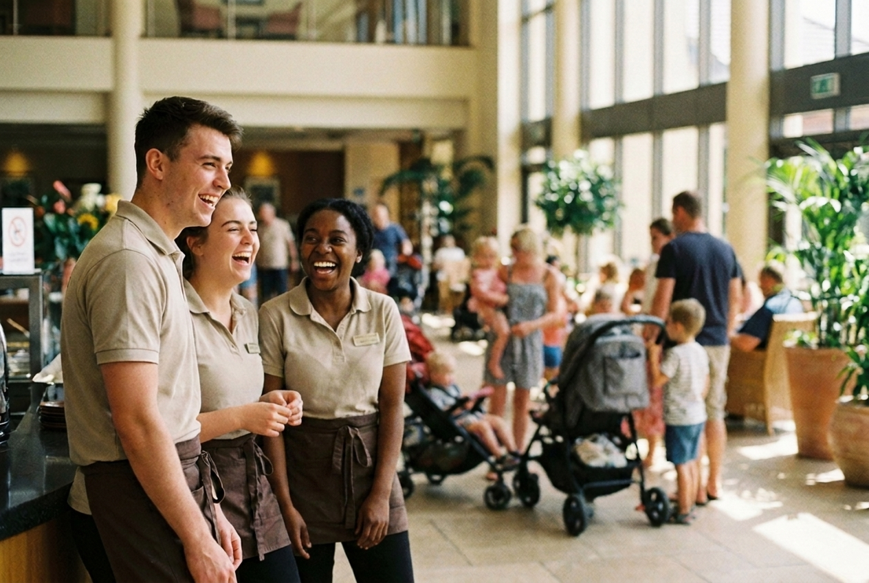 Trois jeunes employés riant ensemble, ambiance familiale en arrière-plan