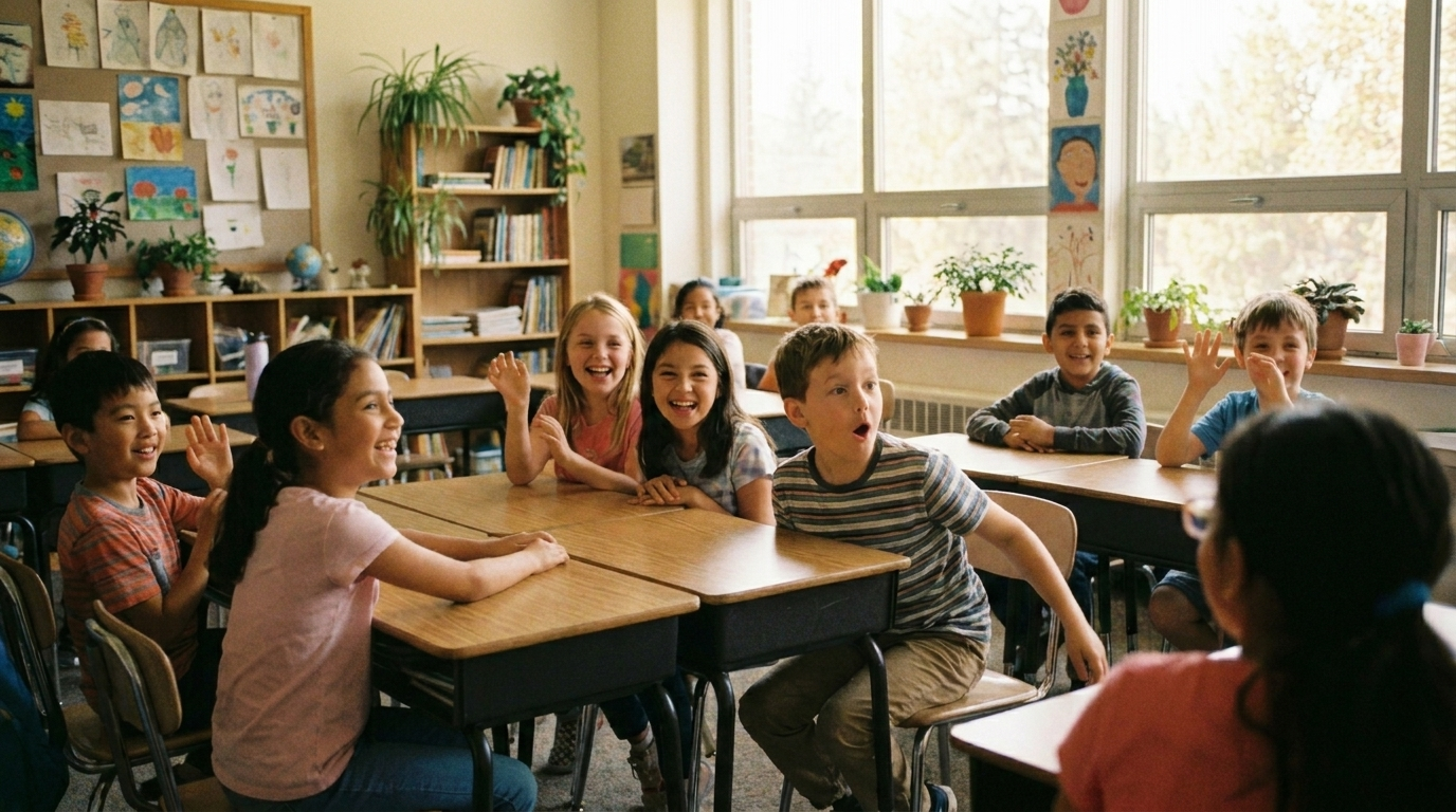 Des enfants attentifs et souriants en classe