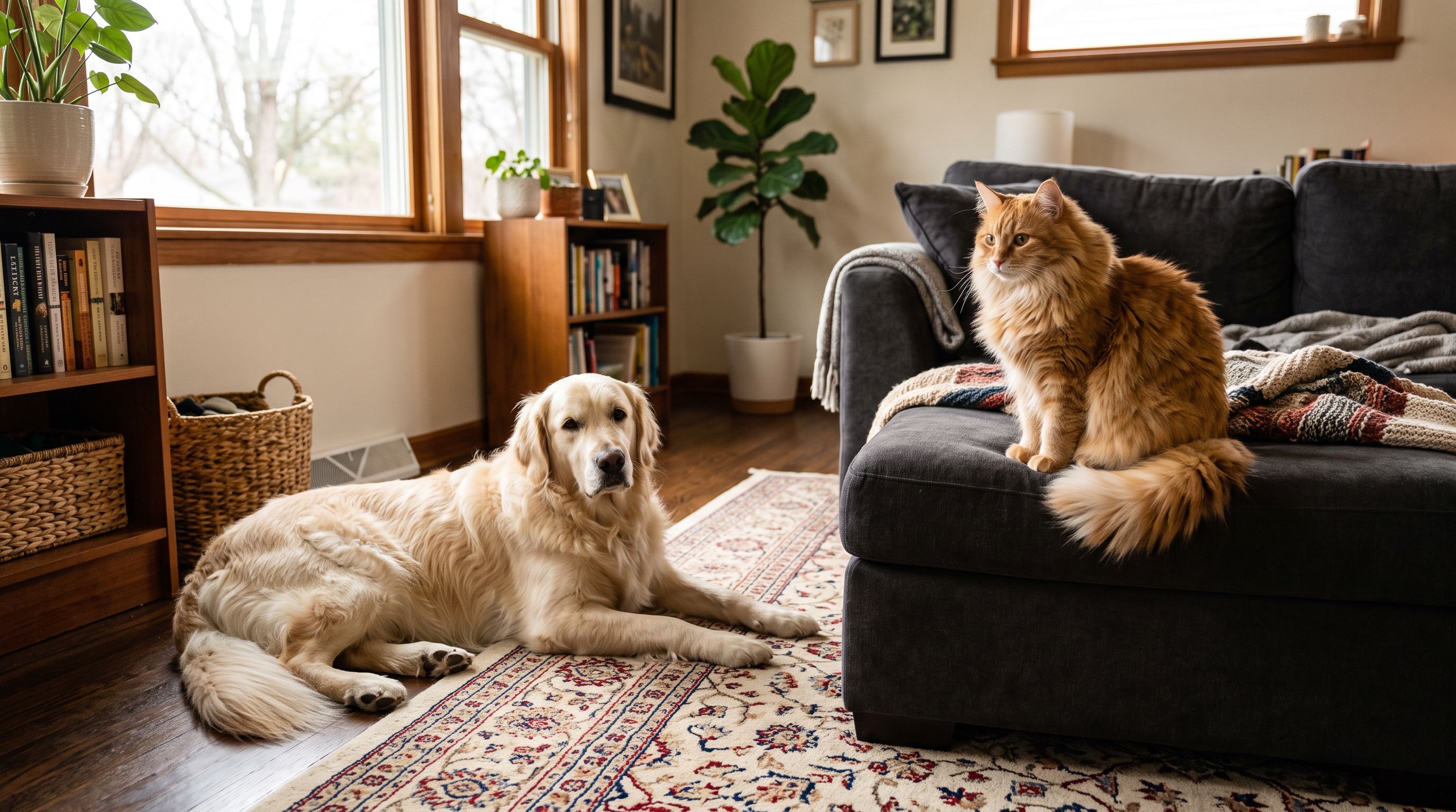 A long-haired golden retriever and a fluffy orange tabby cat at home.