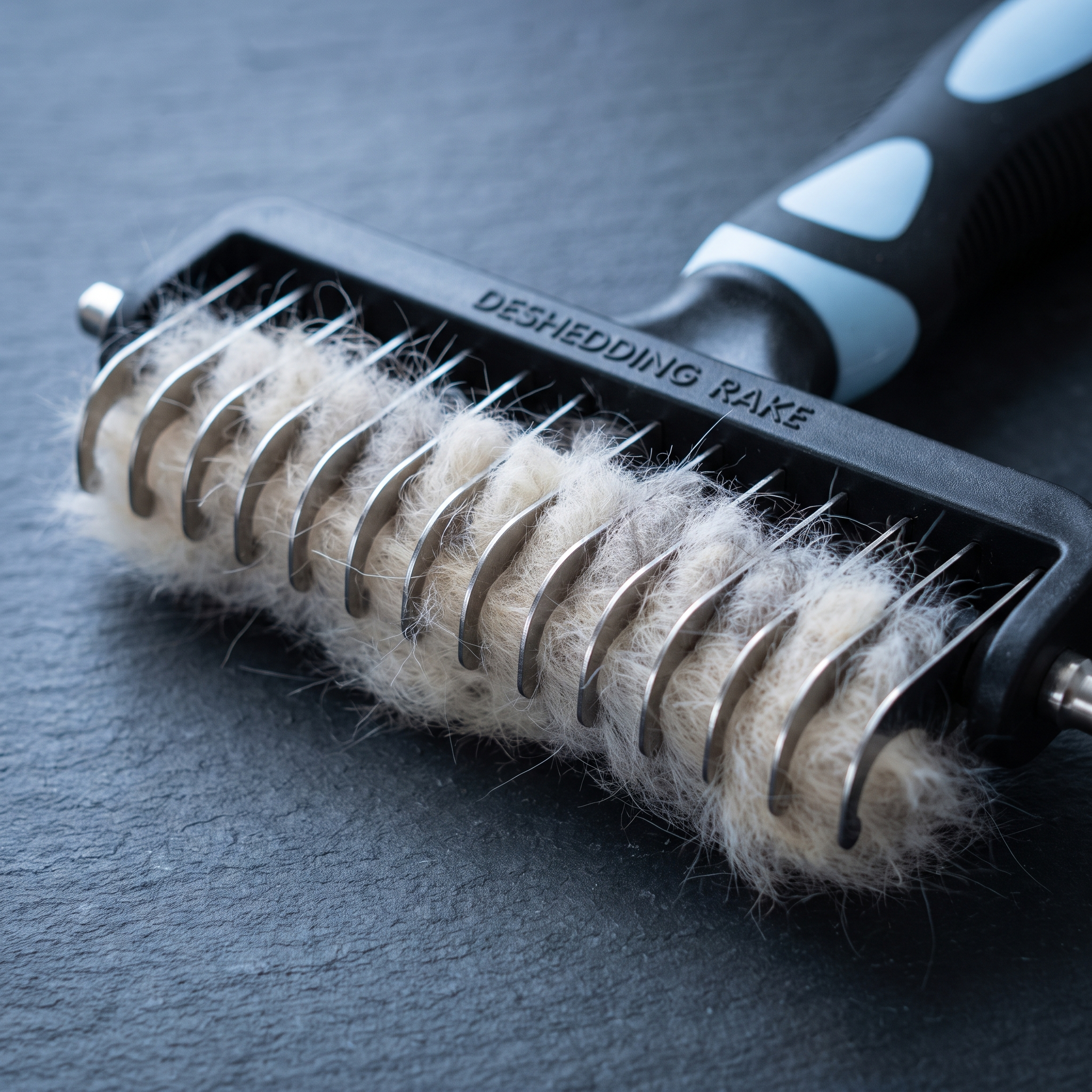 Macro detail of the curved hooked blades packed with pale undercoat.