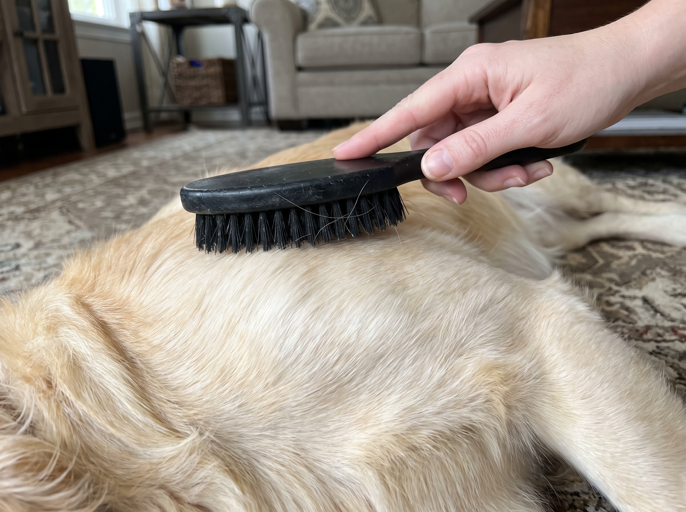 A bristle brush passing over a golden retriever's coat, picking up almost nothing.
