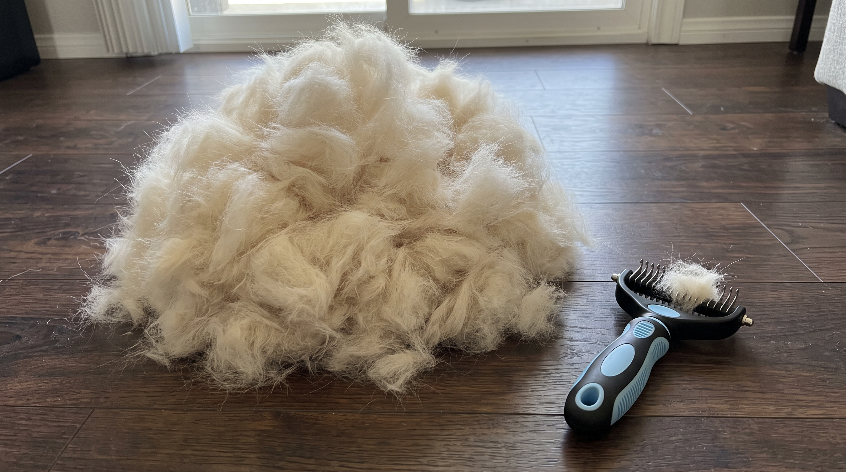 A pile of pale fur the size of a sofa cushion on dark hardwood, the grooming tool beside it.