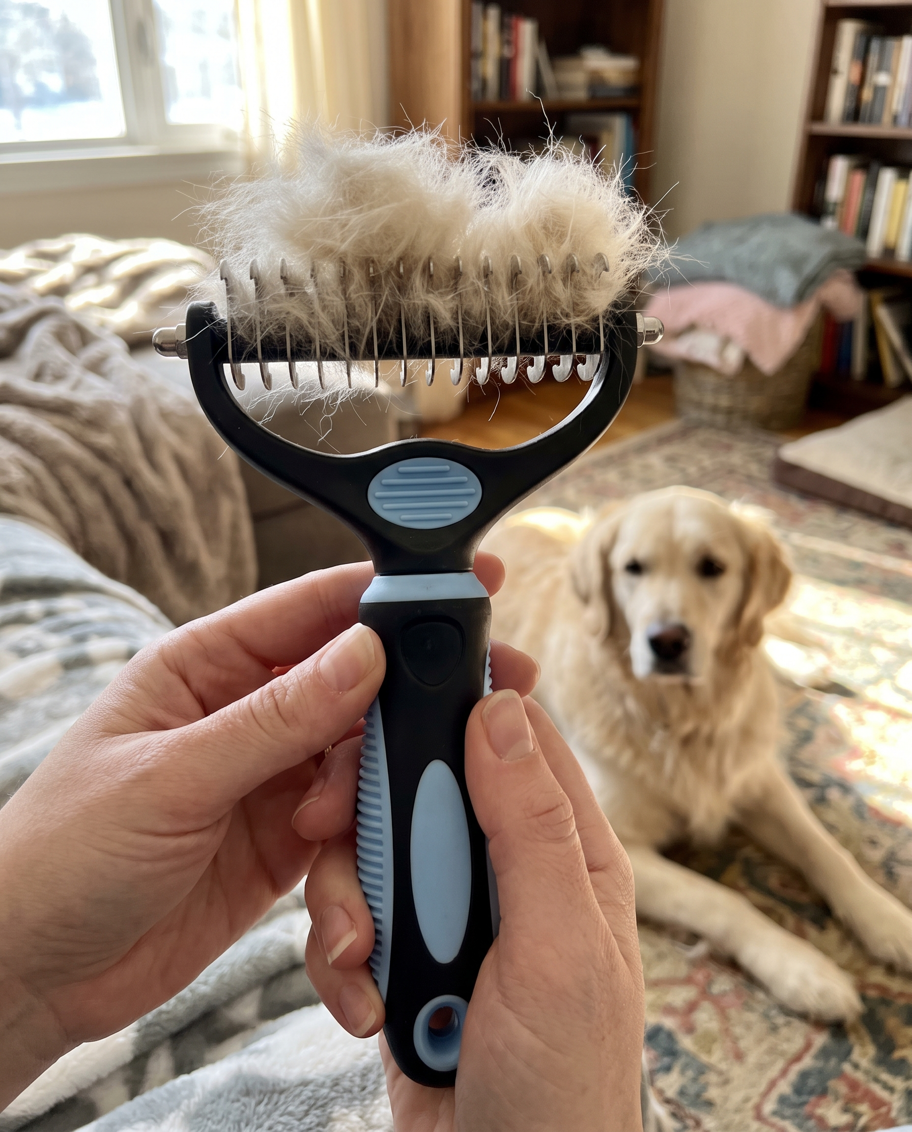 Hands holding the heyshedd 3-in-1 grooming tool, its curved blades packed with pale undercoat, a golden retriever resting behind.