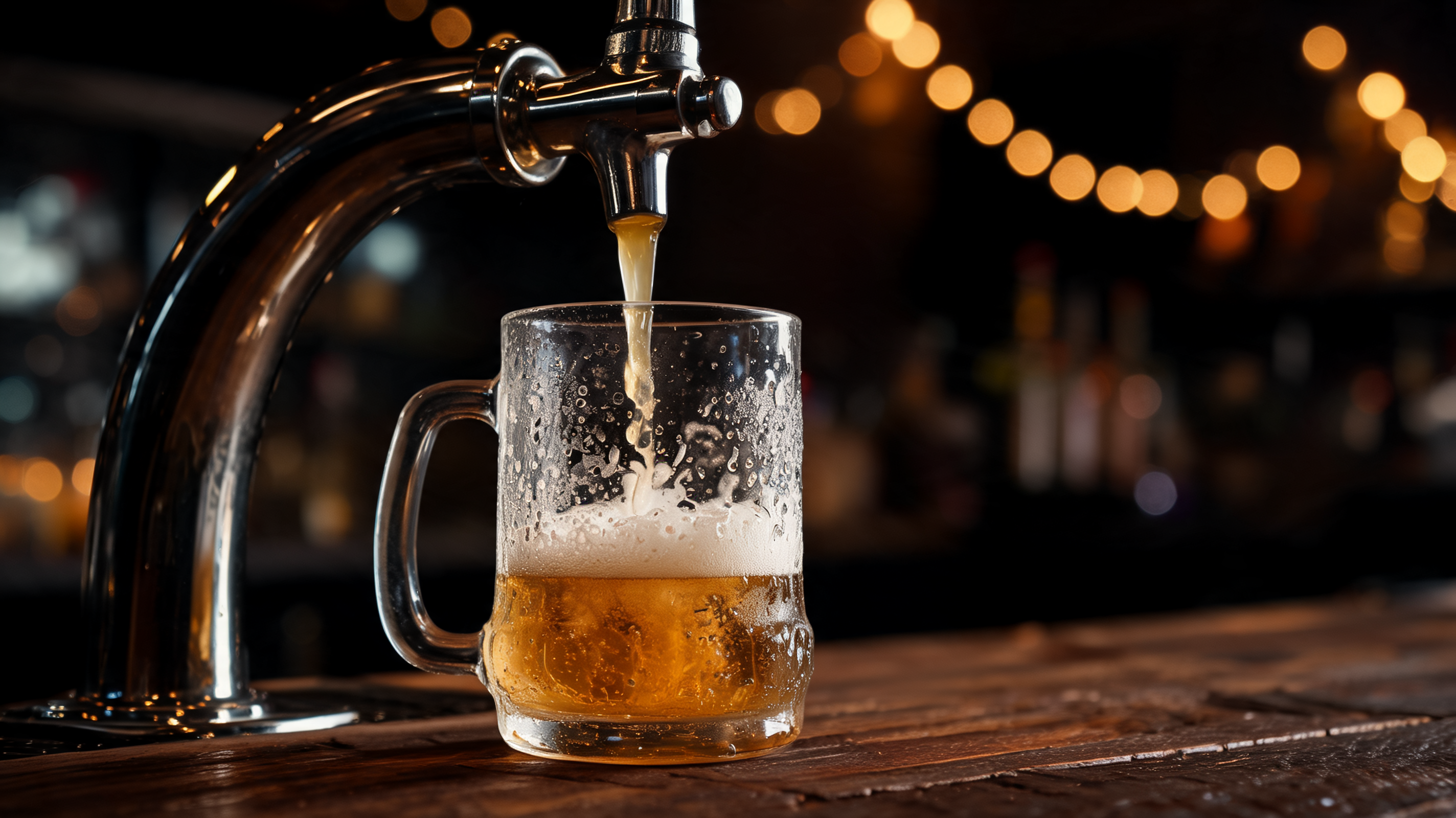 Golden beer pouring from the chrome tap into a glass mug on the wooden bar at night