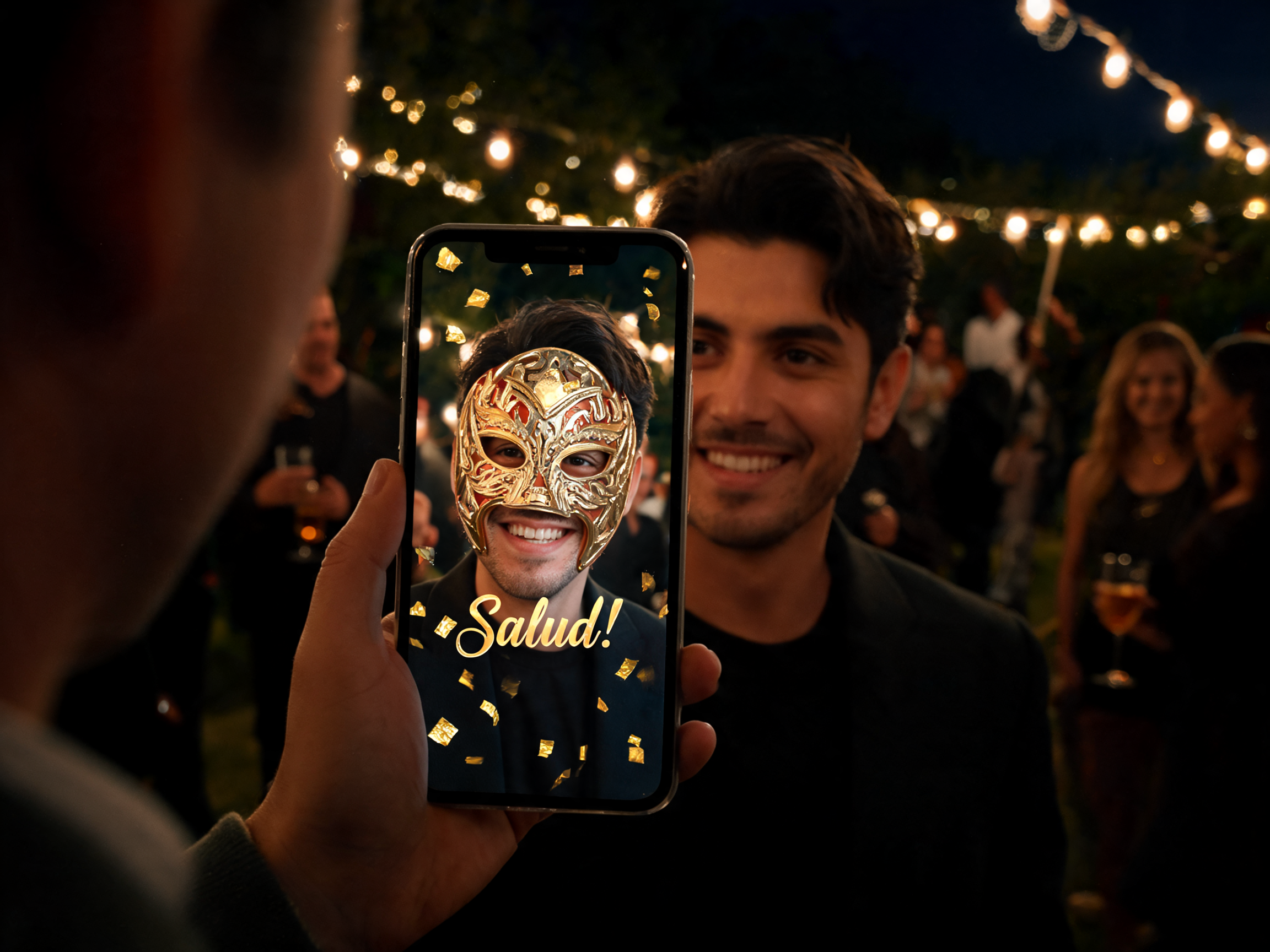 A guest's phone showing the El Padrino AR filter: a golden luchador mask over a smiling guest at an evening party