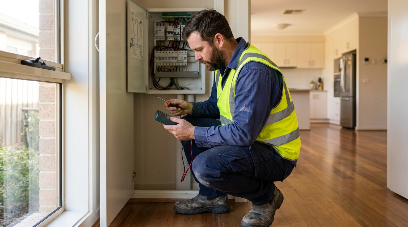 Australian electrician working inside a residential switchboard