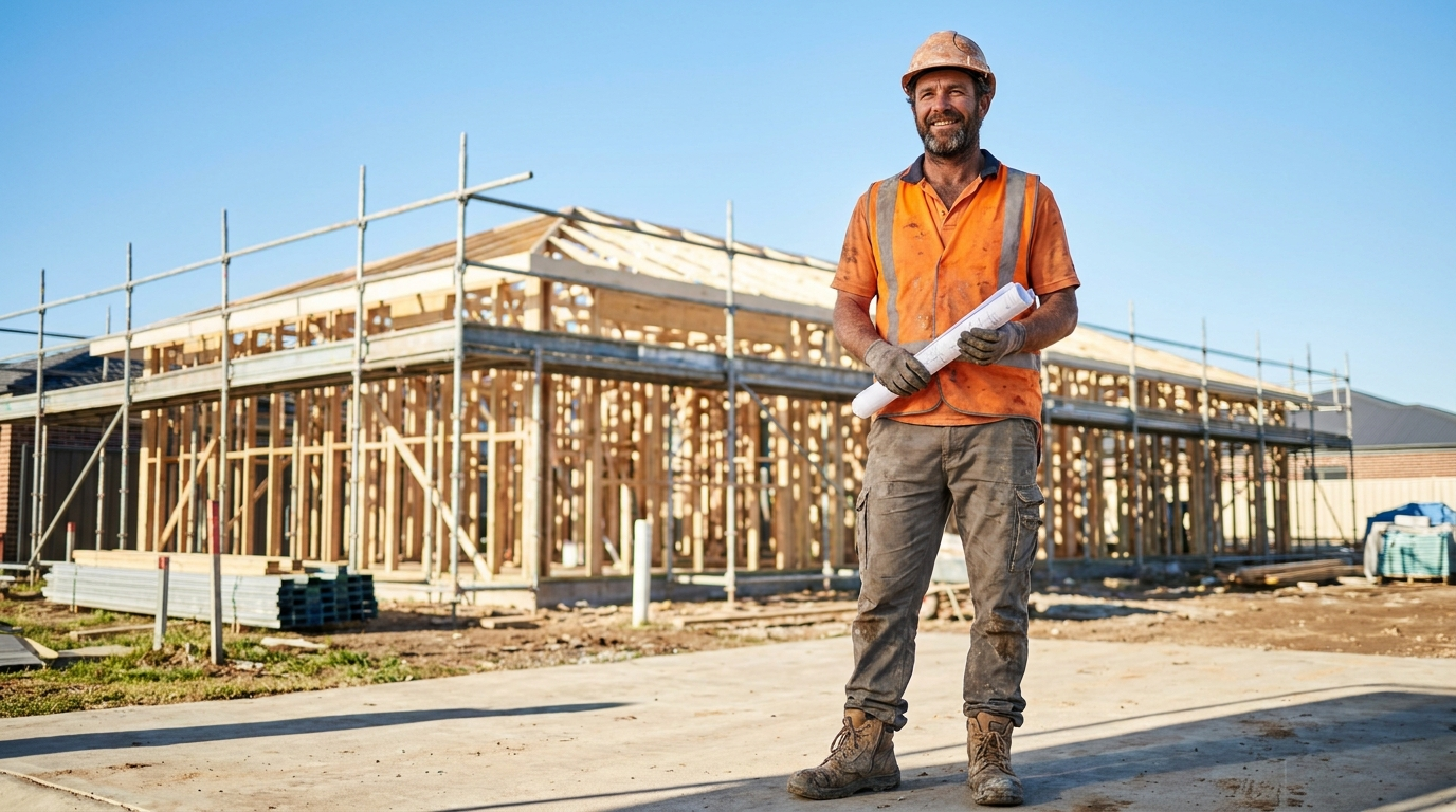 Australian builder on a residential construction site with blueprints