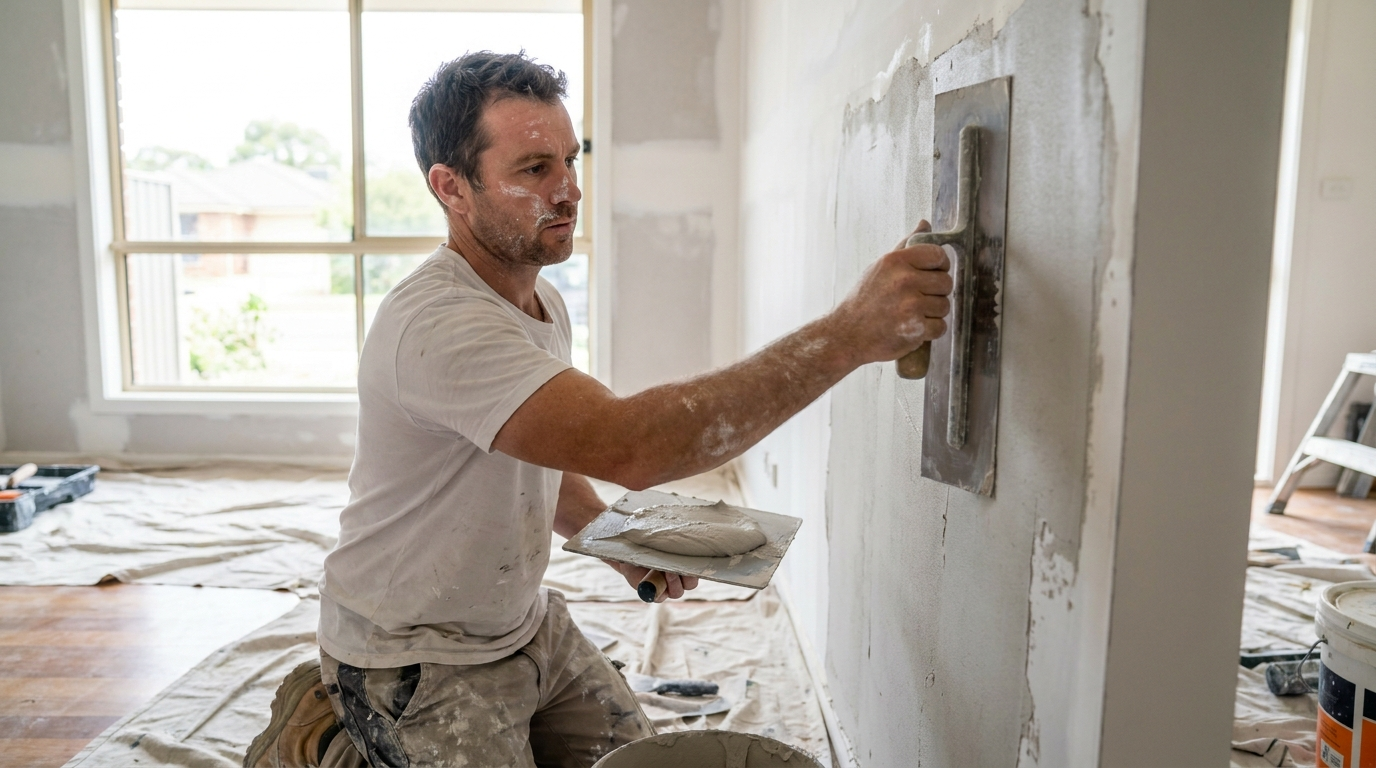 Australian plasterer smoothing wet plaster on an interior wall