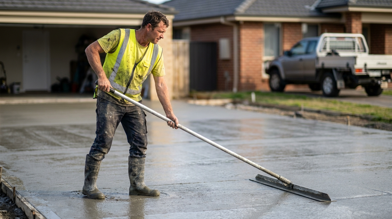 Australian concreter finishing a freshly poured driveway