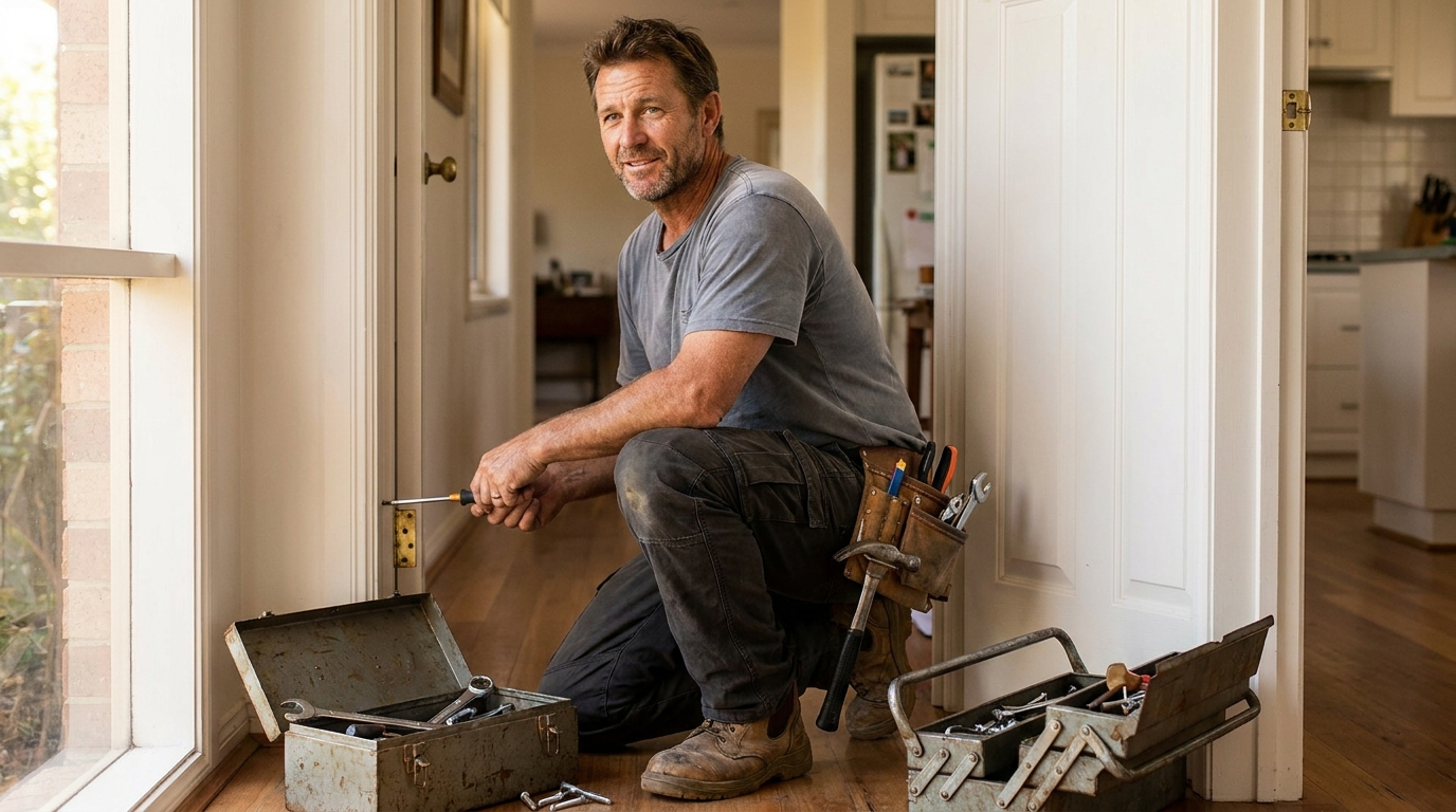 Australian handyman fixing a door hinge inside a home