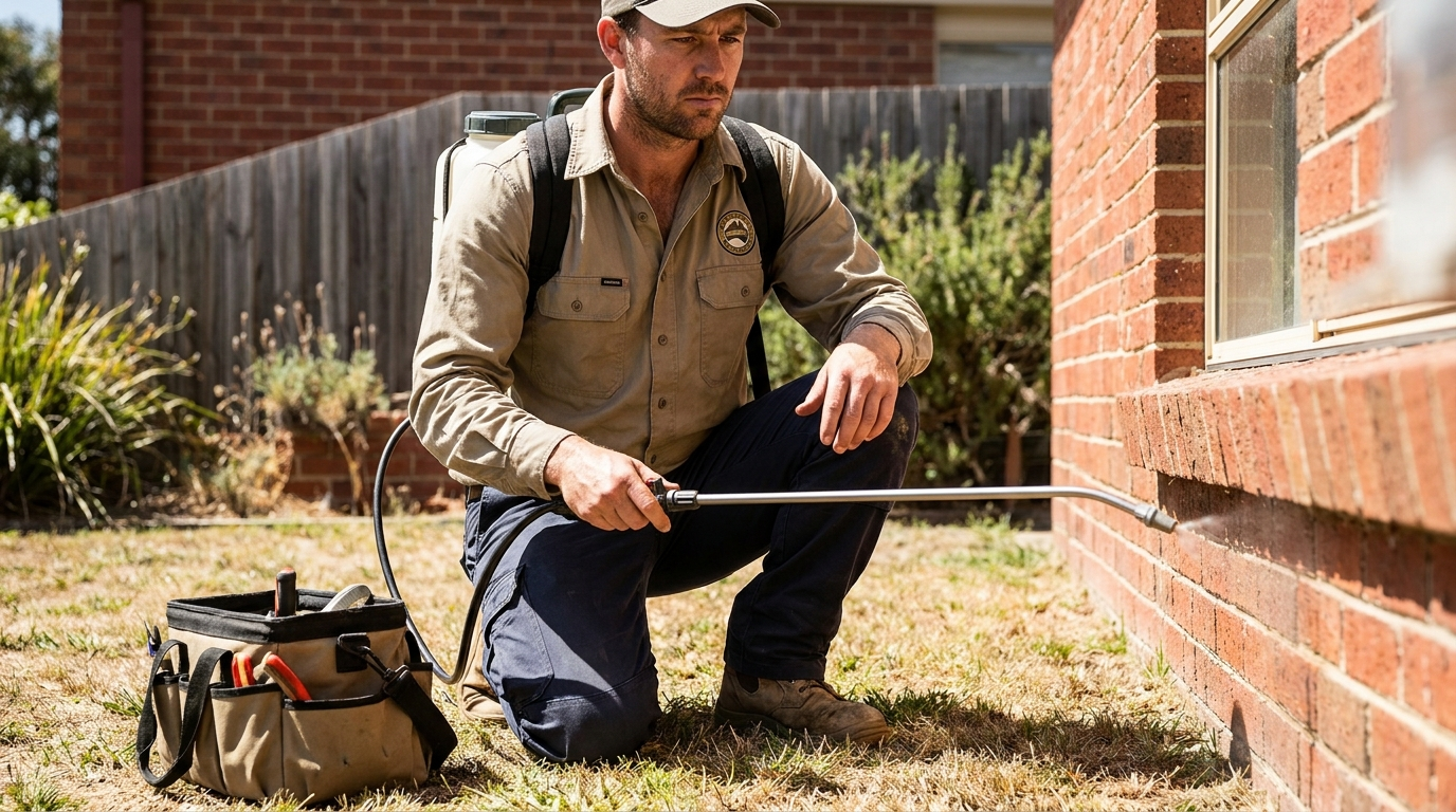 Australian pest control technician treating a home exterior