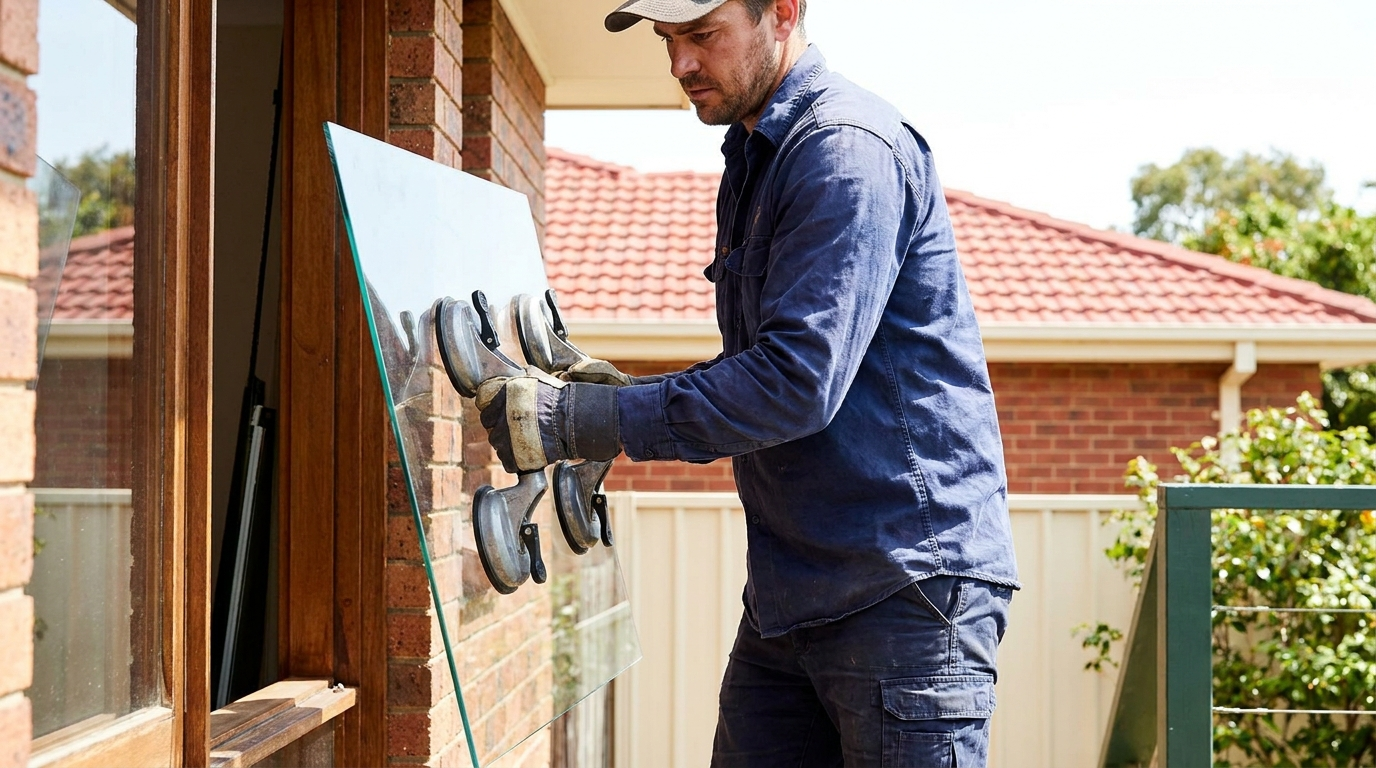 Australian glazier fitting a glass pane into a window frame