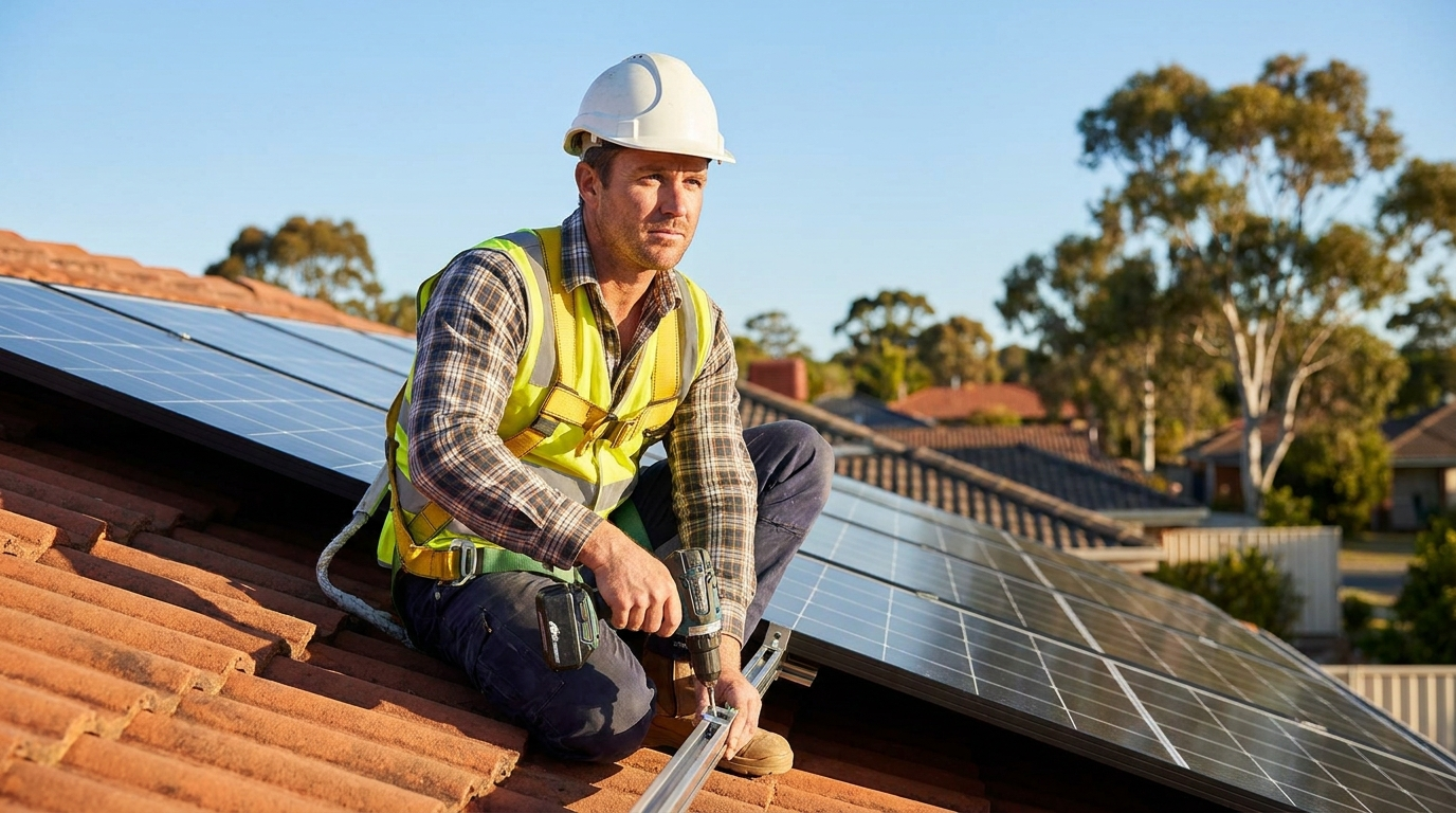 Australian solar installer mounting panels on a residential roof