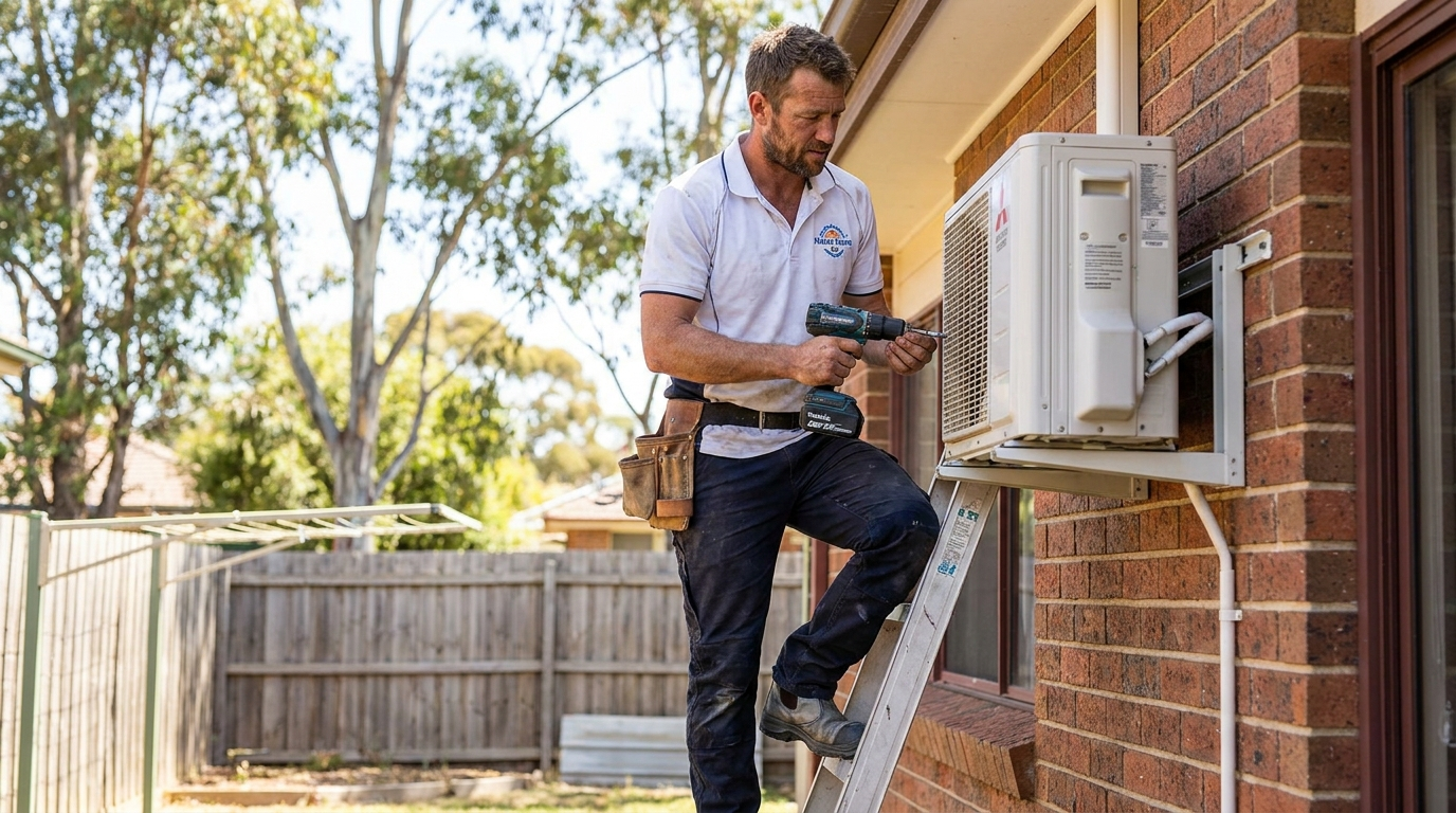 Australian HVAC technician installing a split system air conditioner